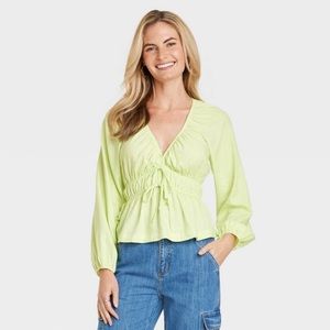 🩷UNIVERSAL THREAD PUFF LONG SLEEVE V NECK TIE BLOUSE TOP GREEN SIZE MEDIUM